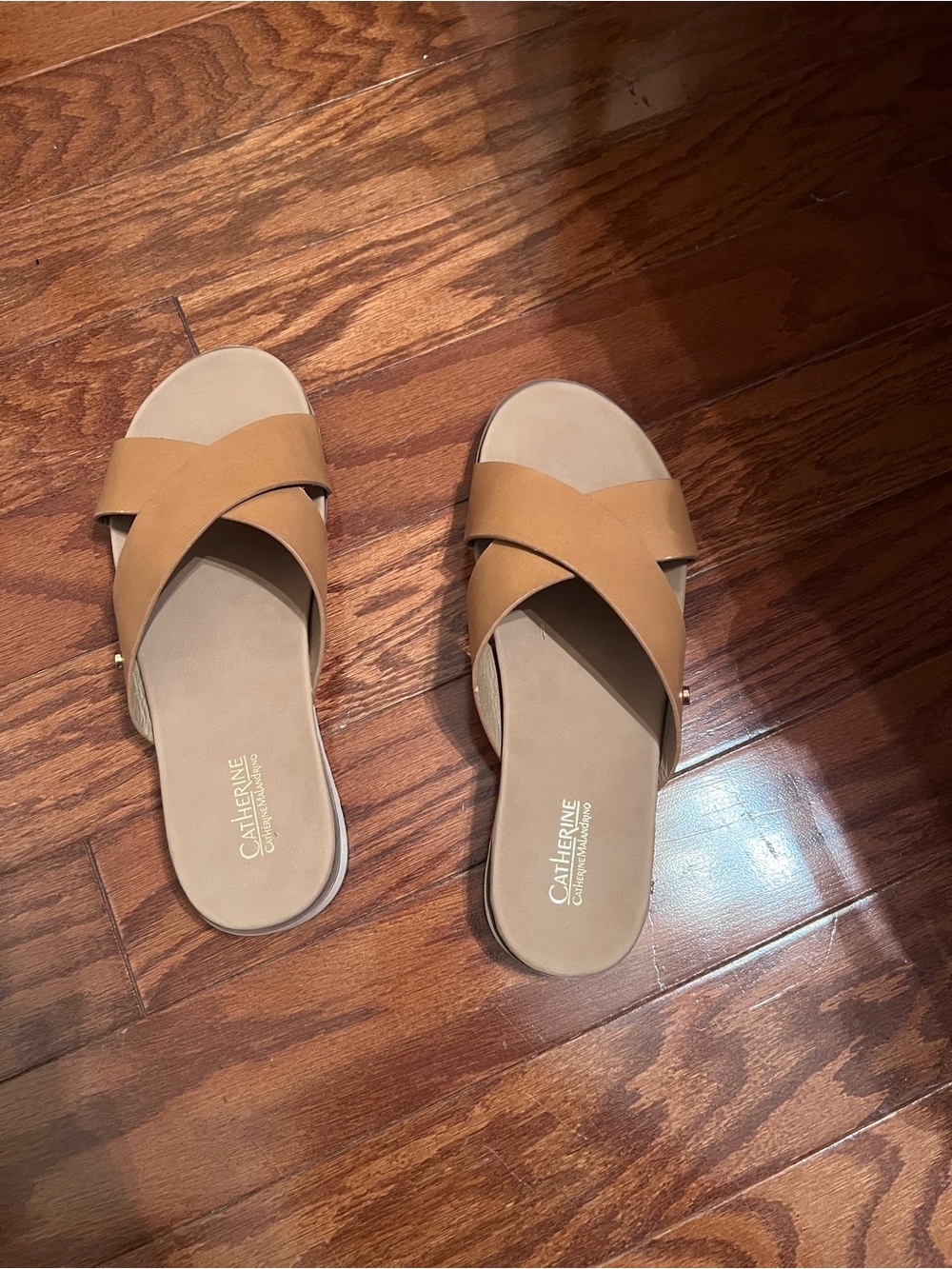 Catherines Collection Tan Slide Sandals - Womens Cross Strap Comfort Slides